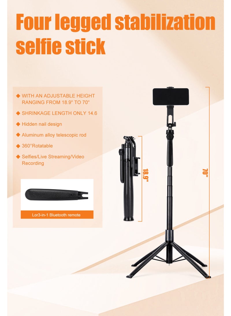 حامل خارجي أسود متعدد الوظائف،   عصا سيلفي قابلة للتمديد بطول 70 بوصة،   مع جهاز تحكم لاسلكي للتصوير،   مناسبة للصور الجماعية والبث المباشر وتسجيل الفيديو،   متوافق مع جميع الهواتف المحمولة. - Image 5